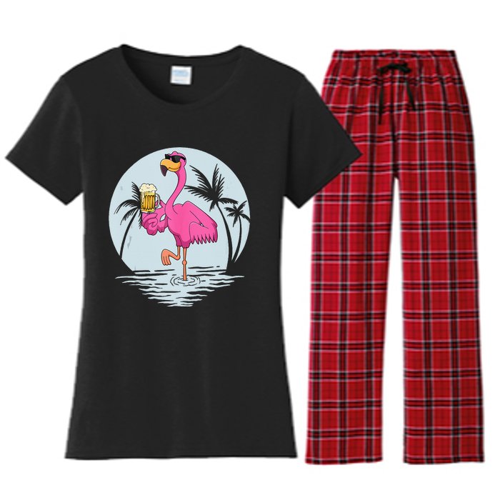 Funny Pink Flamingo Bird With Mug Of Beer Summer Vacation Women's Flannel Pajama Set