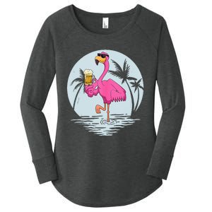 Funny Pink Flamingo Bird With Mug Of Beer Summer Vacation Women's Perfect Tri Tunic Long Sleeve Shirt