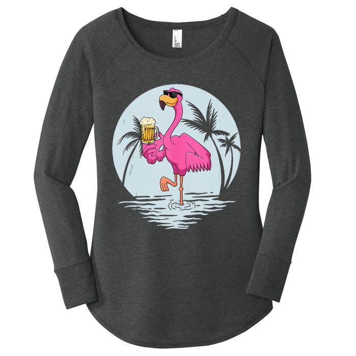 Funny Pink Flamingo Bird With Mug Of Beer Summer Vacation Women's Perfect Tri Tunic Long Sleeve Shirt