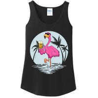 Funny Pink Flamingo Bird With Mug Of Beer Summer Vacation Ladies Essential Tank