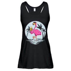 Funny Pink Flamingo Bird With Mug Of Beer Summer Vacation Ladies Essential Flowy Tank