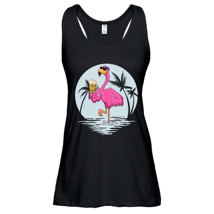 Funny Pink Flamingo Bird With Mug Of Beer Summer Vacation Ladies Essential Flowy Tank