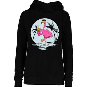 Funny Pink Flamingo Bird With Mug Of Beer Summer Vacation Womens Funnel Neck Pullover Hood