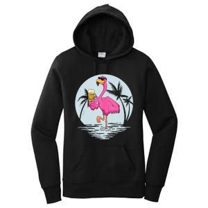 Funny Pink Flamingo Bird With Mug Of Beer Summer Vacation Women's Pullover Hoodie