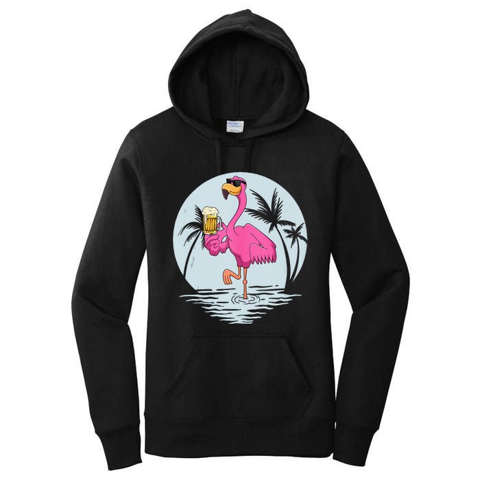 Funny Pink Flamingo Bird With Mug Of Beer Summer Vacation Women's Pullover Hoodie