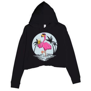 Funny Pink Flamingo Bird With Mug Of Beer Summer Vacation Crop Fleece Hoodie