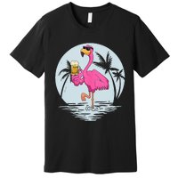 Funny Pink Flamingo Bird With Mug Of Beer Summer Vacation Premium T-Shirt