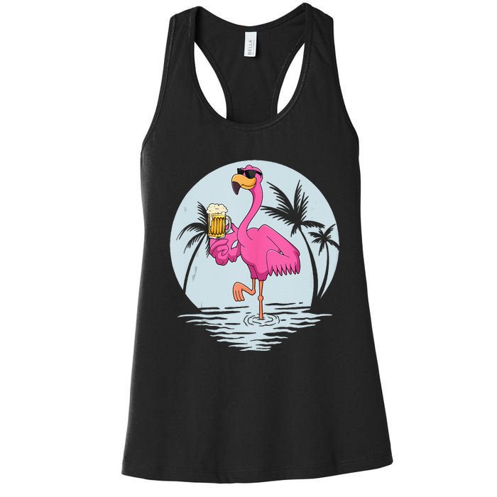 Funny Pink Flamingo Bird With Mug Of Beer Summer Vacation Women's Racerback Tank