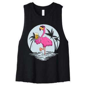 Funny Pink Flamingo Bird With Mug Of Beer Summer Vacation Women's Racerback Cropped Tank