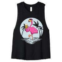 Funny Pink Flamingo Bird With Mug Of Beer Summer Vacation Women's Racerback Cropped Tank