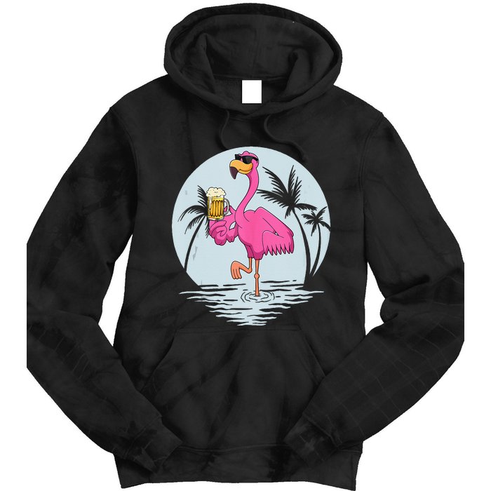 Funny Pink Flamingo Bird With Mug Of Beer Summer Vacation Tie Dye Hoodie