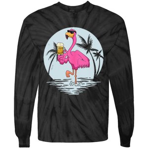 Funny Pink Flamingo Bird With Mug Of Beer Summer Vacation Tie-Dye Long Sleeve Shirt