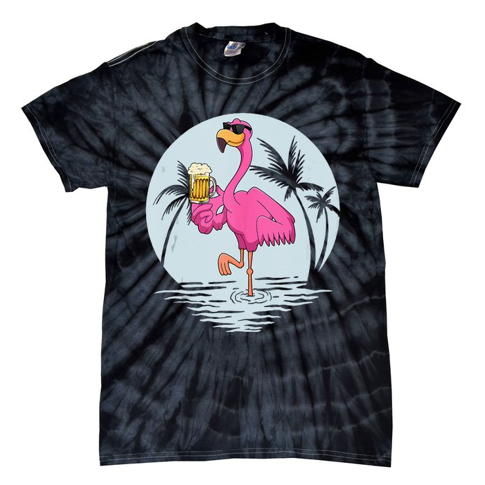 Funny Pink Flamingo Bird With Mug Of Beer Summer Vacation Tie-Dye T-Shirt