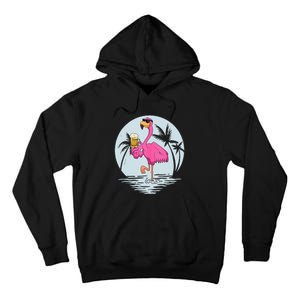 Funny Pink Flamingo Bird With Mug Of Beer Summer Vacation Tall Hoodie