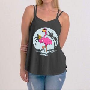 Funny Pink Flamingo Bird With Mug Of Beer Summer Vacation Women's Strappy Tank