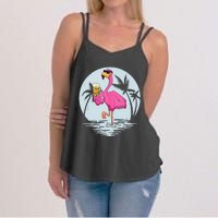 Funny Pink Flamingo Bird With Mug Of Beer Summer Vacation Women's Strappy Tank