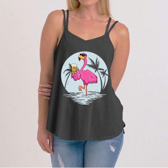 Funny Pink Flamingo Bird With Mug Of Beer Summer Vacation Women's Strappy Tank