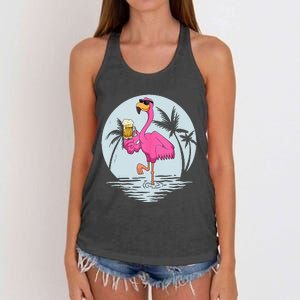 Funny Pink Flamingo Bird With Mug Of Beer Summer Vacation Women's Knotted Racerback Tank