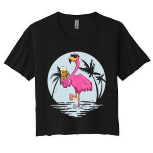 Funny Pink Flamingo Bird With Mug Of Beer Summer Vacation Women's Crop Top Tee