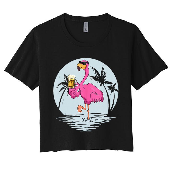 Funny Pink Flamingo Bird With Mug Of Beer Summer Vacation Women's Crop Top Tee