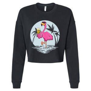 Funny Pink Flamingo Bird With Mug Of Beer Summer Vacation Cropped Pullover Crew