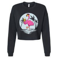 Funny Pink Flamingo Bird With Mug Of Beer Summer Vacation Cropped Pullover Crew