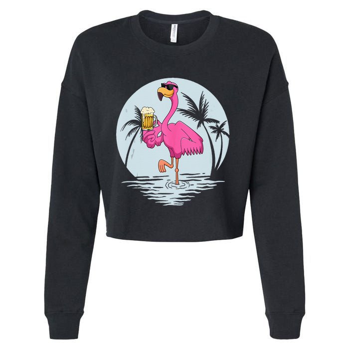 Funny Pink Flamingo Bird With Mug Of Beer Summer Vacation Cropped Pullover Crew