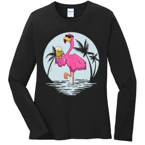 Funny Pink Flamingo Bird With Mug Of Beer Summer Vacation Ladies Long Sleeve Shirt