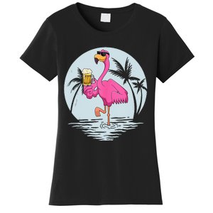 Funny Pink Flamingo Bird With Mug Of Beer Summer Vacation Women's T-Shirt