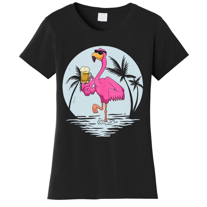 Funny Pink Flamingo Bird With Mug Of Beer Summer Vacation Women's T-Shirt