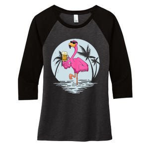 Funny Pink Flamingo Bird With Mug Of Beer Summer Vacation Women's Tri-Blend 3/4-Sleeve Raglan Shirt