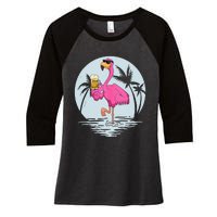 Funny Pink Flamingo Bird With Mug Of Beer Summer Vacation Women's Tri-Blend 3/4-Sleeve Raglan Shirt