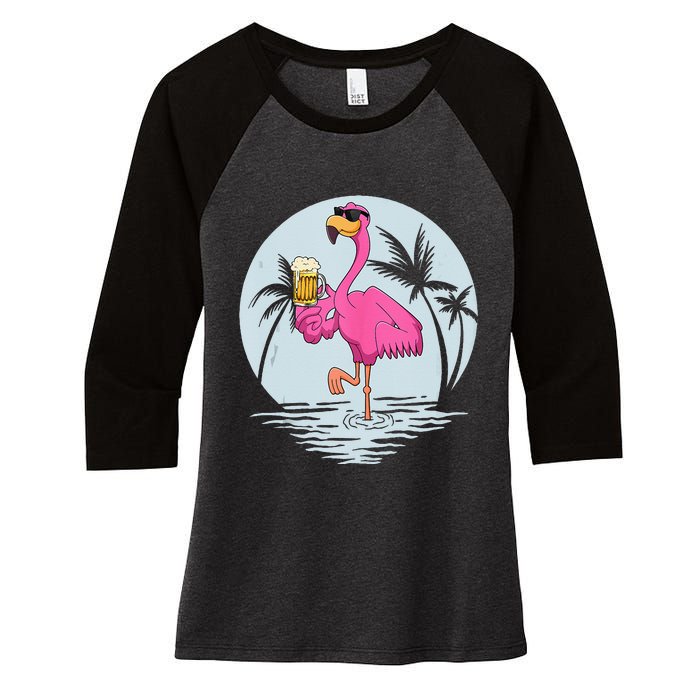 Funny Pink Flamingo Bird With Mug Of Beer Summer Vacation Women's Tri-Blend 3/4-Sleeve Raglan Shirt