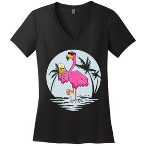 Funny Pink Flamingo Bird With Mug Of Beer Summer Vacation Women's V-Neck T-Shirt