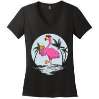 Funny Pink Flamingo Bird With Mug Of Beer Summer Vacation Women's V-Neck T-Shirt