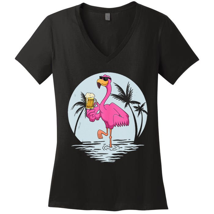 Funny Pink Flamingo Bird With Mug Of Beer Summer Vacation Women's V-Neck T-Shirt