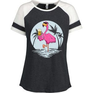 Funny Pink Flamingo Bird With Mug Of Beer Summer Vacation Enza Ladies Jersey Colorblock Tee