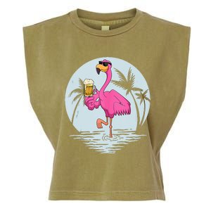 Funny Pink Flamingo Bird With Mug Of Beer Summer Vacation Garment-Dyed Women's Muscle Tee