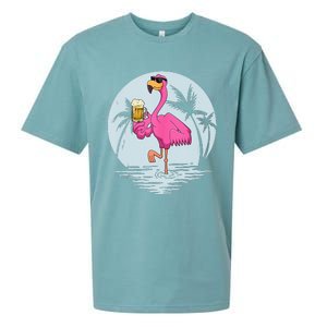 Funny Pink Flamingo Bird With Mug Of Beer Summer Vacation Sueded Cloud Jersey T-Shirt