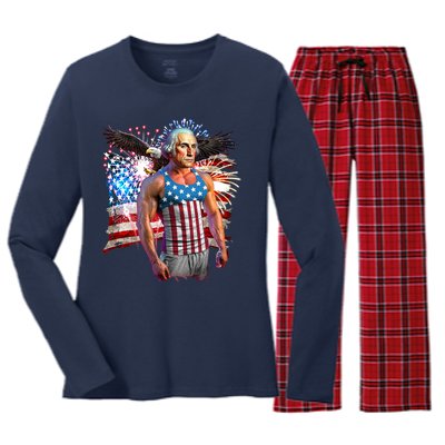 Funny Patriotic Fourth Of July Buff George Washington Women's Long Sleeve Flannel Pajama Set 