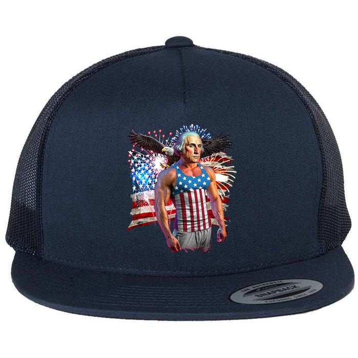 Funny Patriotic Fourth Of July Buff George Washington Flat Bill Trucker Hat