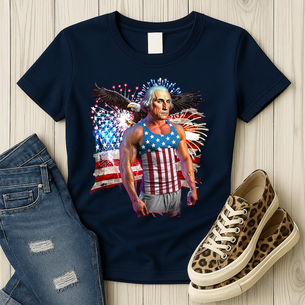 Funny Patriotic Fourth Of July Buff George Washington Womens T-Shirt