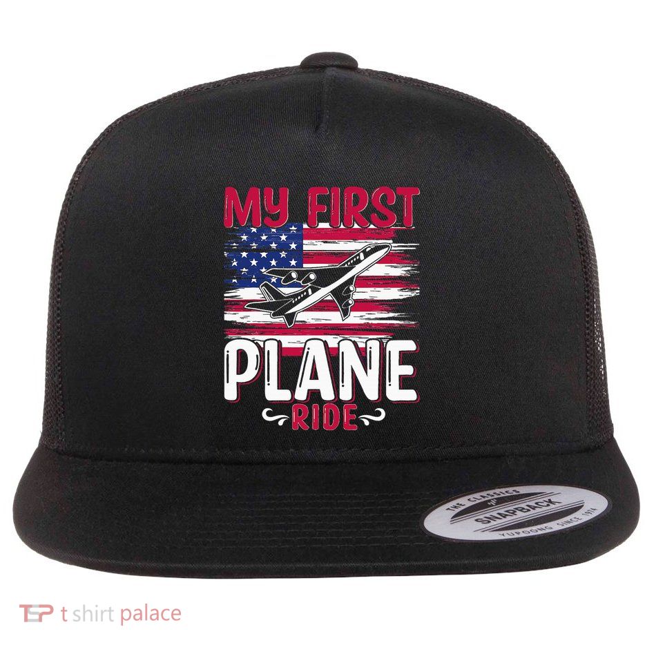 First Plane Flight First Time Flying Usa Flag Airplane Flat Bill Trucker Hat