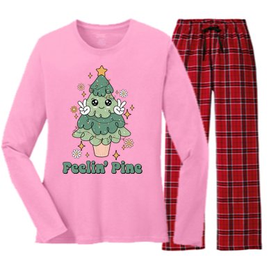 Feelin Pine Funny Christmas Tree Women's Long Sleeve Flannel Pajama Set 