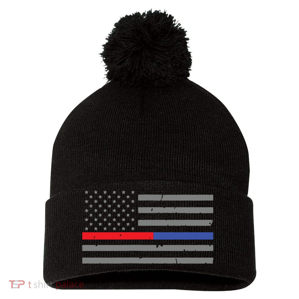 Firefighter Police Flag Thin Red Blue Line Pom Pom 12in Knit Beanie