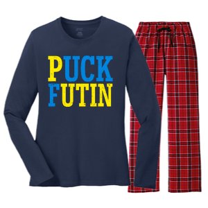 Funny Puck Futin Stand WIth Ukraine Women's Long Sleeve Flannel Pajama Set 