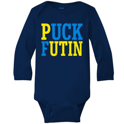 Funny Puck Futin Stand WIth Ukraine Baby Long Sleeve Bodysuit