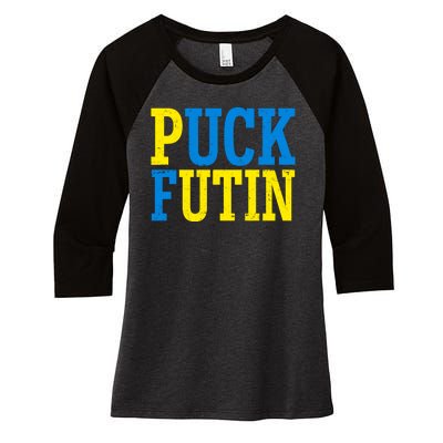 Funny Puck Futin Stand WIth Ukraine Women's Tri-Blend 3/4-Sleeve Raglan Shirt