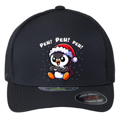 Funny Penguin Gamer Pew Video Game Christmas Flexfit Unipanel Trucker Cap