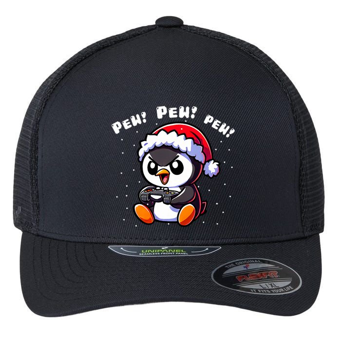 Funny Penguin Gamer Pew Video Game Christmas Flexfit Unipanel Trucker Cap